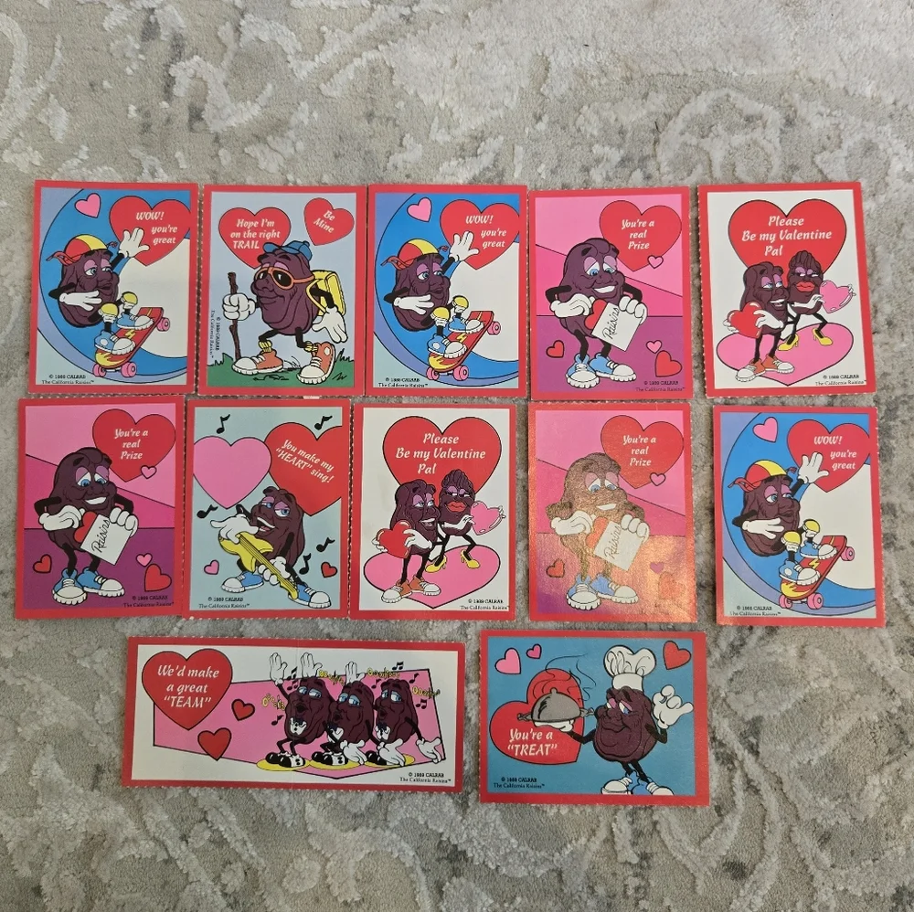 12 Vintage 1989 California Raisins Valentine's Day Cards With Envelopes